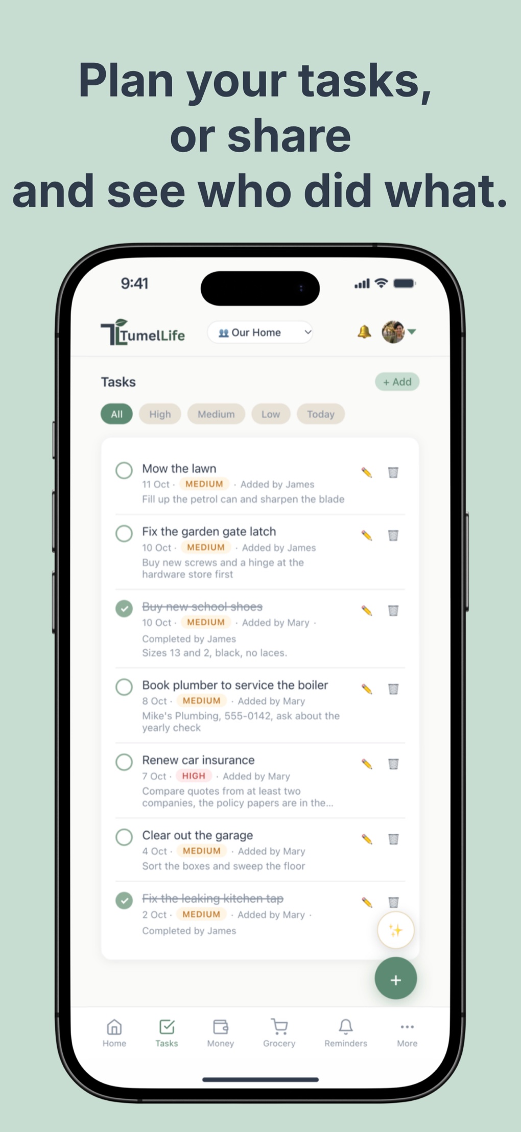 TumelLife tasks with priorities and due dates